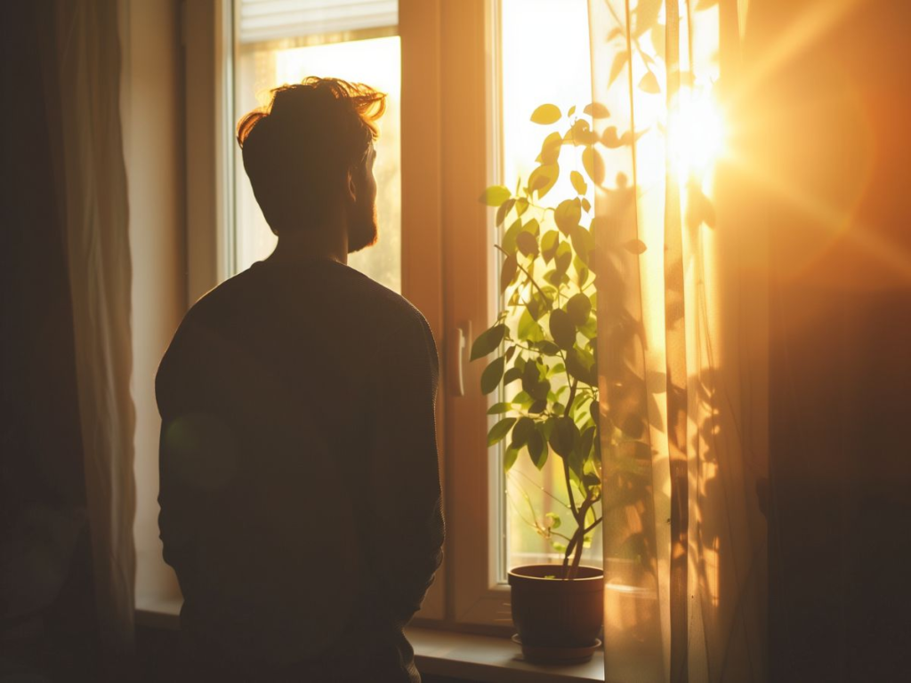 Anxiety after Drinking. Adult standing by a window in morning light, reflecting and feeling anxious after drinking