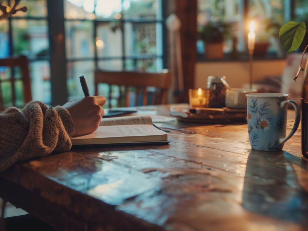 person writing in a notebook at a dining table, creating new routines after drinking alcohol every day.